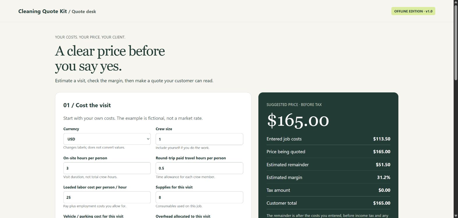 The downloadable Cleaning Quote Kit showing job cost inputs and the calculated price
